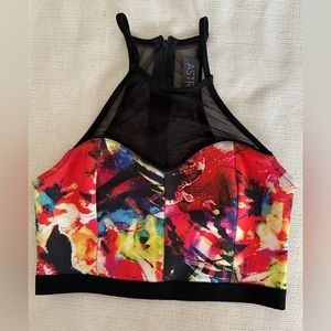 ASTR Multi color print crop top with mesh insert, zipper back. Size M